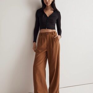 Chic Black Crop Cardigan and Brown Wide-Leg Pants